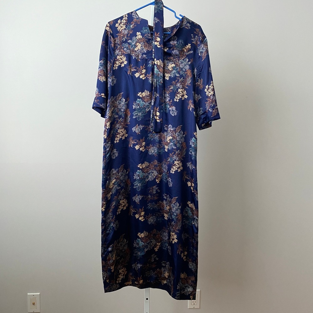 VTG Cottage Blue Floral Satin Midi Dress Belted Boho Gown